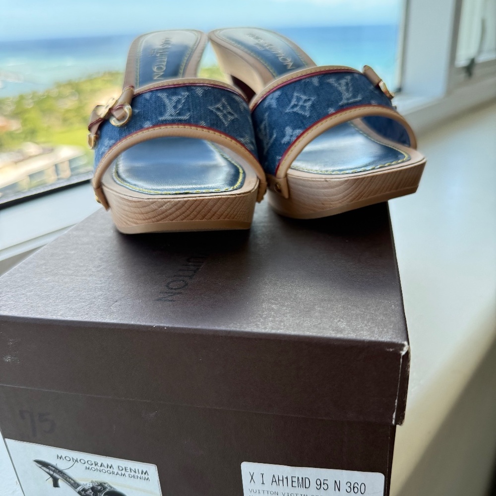 Louis Vuitton “Victim” Monogram Denim Open Mule Heels